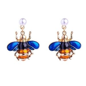 Goldtone Blue Bee Drop Earrings